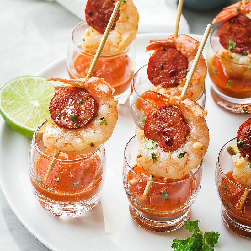 Shrimp and chorizo appetizers with roasted pepper soup